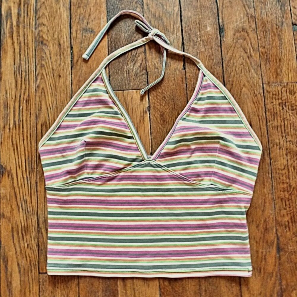 Retro Halter Neck Cropped Stripped Tankini Top